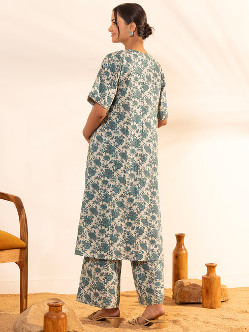 Beige Cotton Floral Printed Kurta with Palazzo